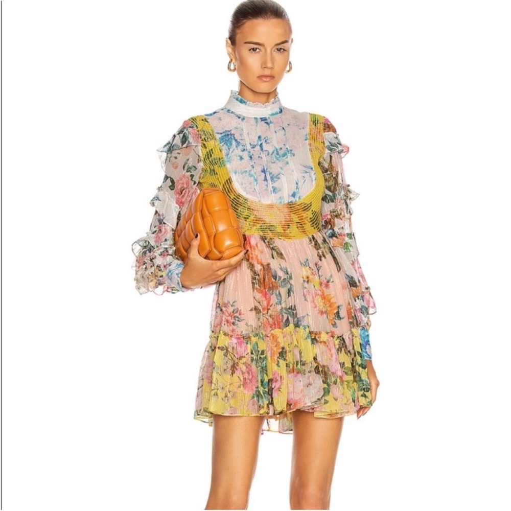 HEMANT & NANDITA Garden Party Boho Floral Smocked Tiered Mini Dress Pockets XS